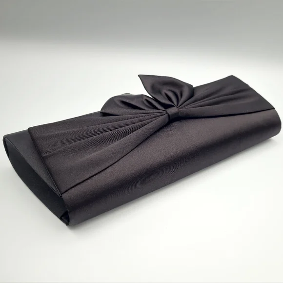 Vintage Le Château Black Satin Evening Clutch Bag w Bow | Formal Prom Wedding - Picture 2 of 16
